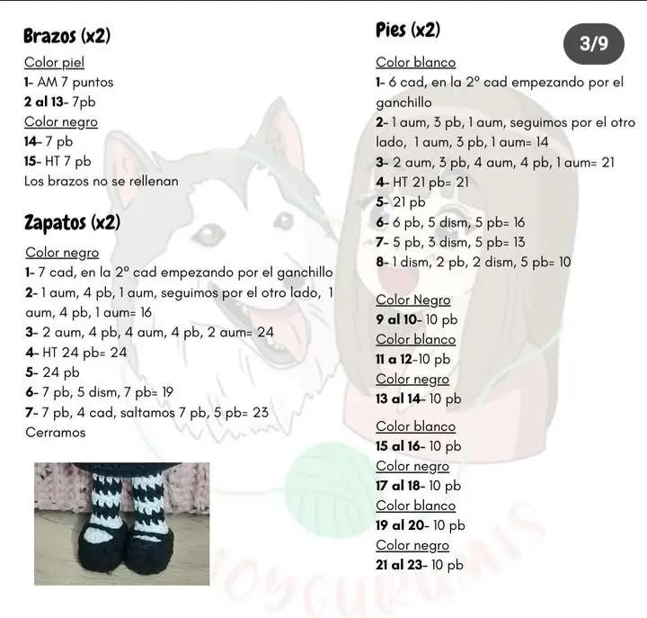 Patrón de amigurumi de la niña Wednesday Addams con vestido negro y cabello corto