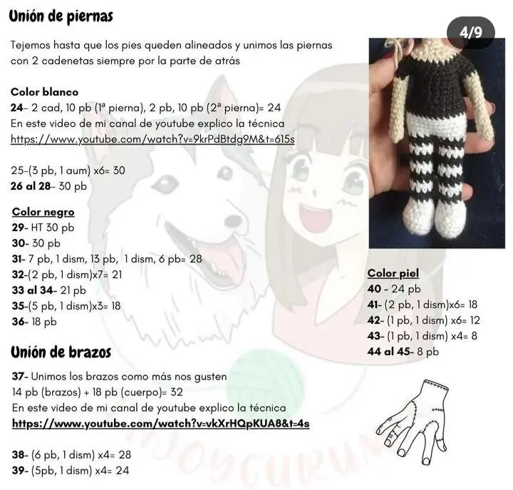Patrón de amigurumi de la niña Wednesday Addams con vestido negro y cabello corto