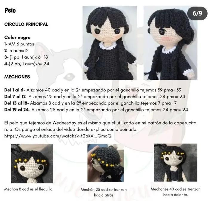 Patrón de amigurumi de la niña Wednesday Addams con vestido negro y cabello corto