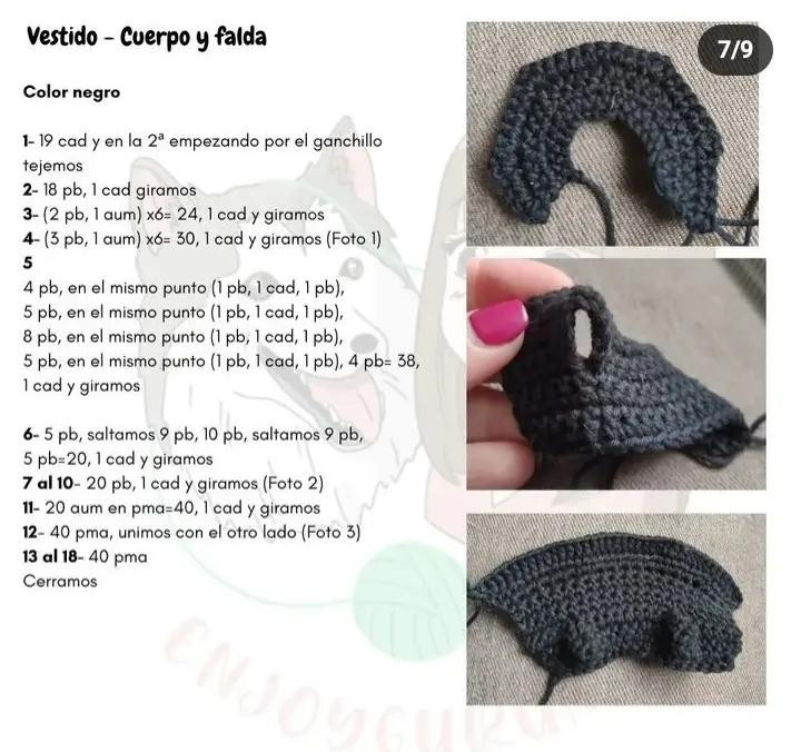 Patrón de amigurumi de la niña Wednesday Addams con vestido negro y cabello corto