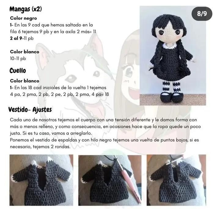 Patrón de amigurumi de la niña Wednesday Addams con vestido negro y cabello corto