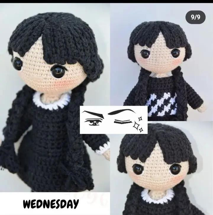 Patrón de amigurumi de la niña Wednesday Addams con vestido negro y cabello corto