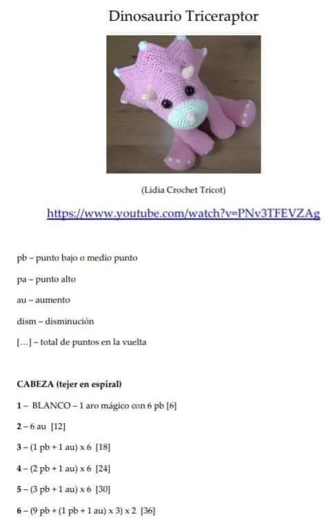Patrón de Amigurumi Dinosaurio Triceratops Rosa