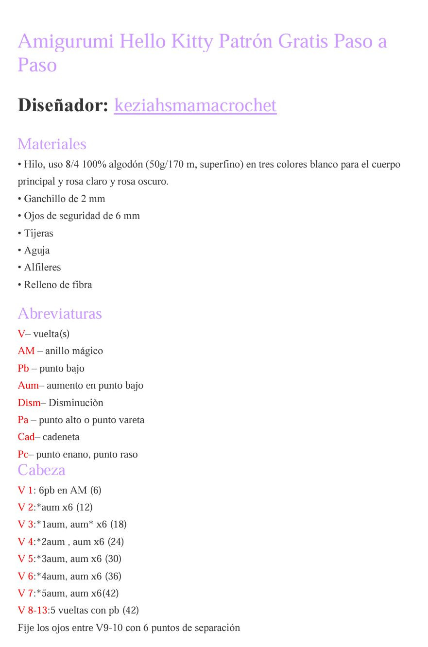 Patrón de Amigurumi Hello Kitty paso a paso gratis