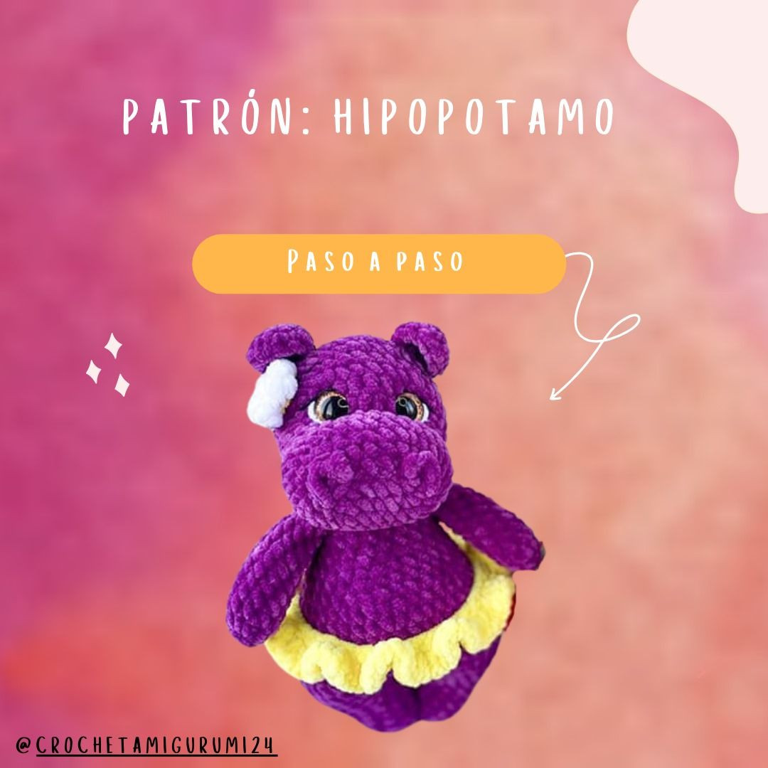 Patrón de Amigurumi: Miss Hipopótamo Bailarina Morada con Falda Amarilla - Tutorial Paso a Paso