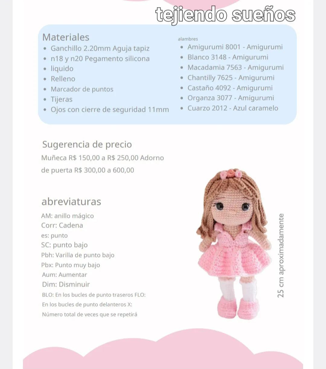 Patrón de amigurumi: Muñeca tejida a crochet con vestido rosa y cabello castaño