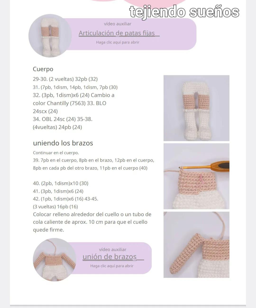 Patrón de amigurumi: Muñeca tejida a crochet con vestido rosa y cabello castaño