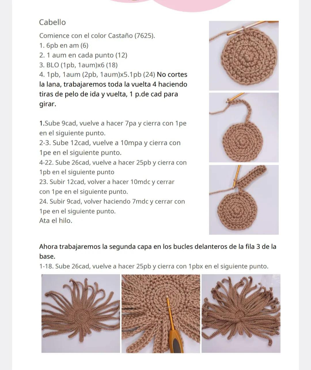 Patrón de amigurumi: Muñeca tejida a crochet con vestido rosa y cabello castaño