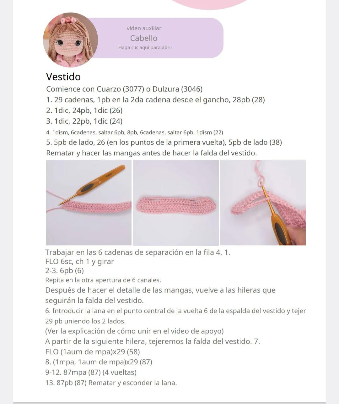 Patrón de amigurumi: Muñeca tejida a crochet con vestido rosa y cabello castaño