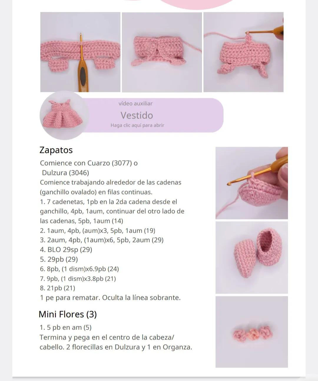 Patrón de amigurumi: Muñeca tejida a crochet con vestido rosa y cabello castaño