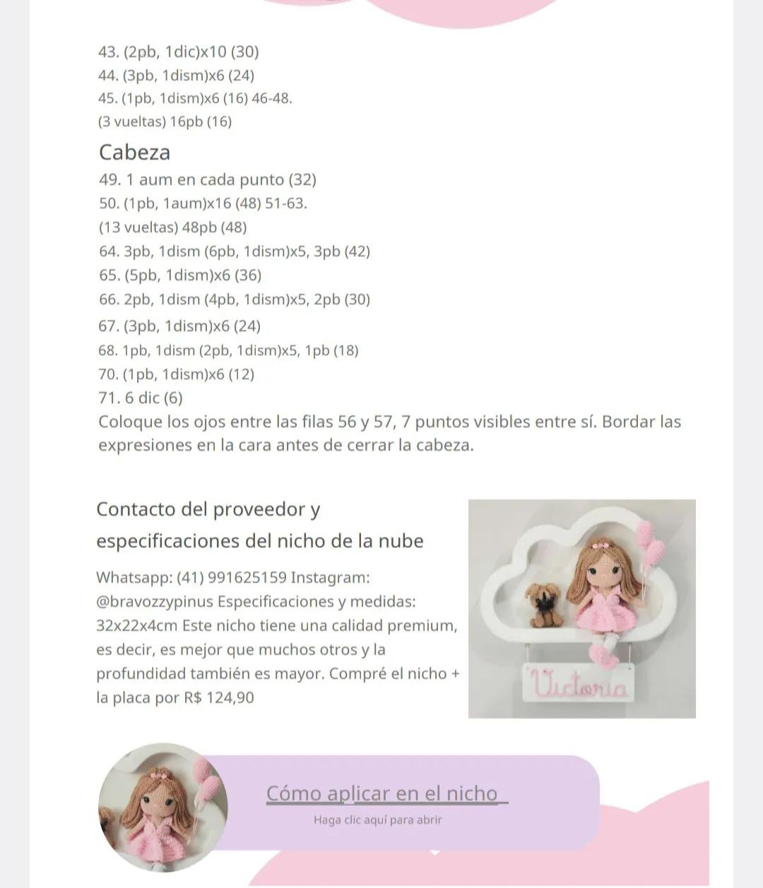 Patrón de amigurumi: Muñeca tejida a crochet con vestido rosa y cabello castaño