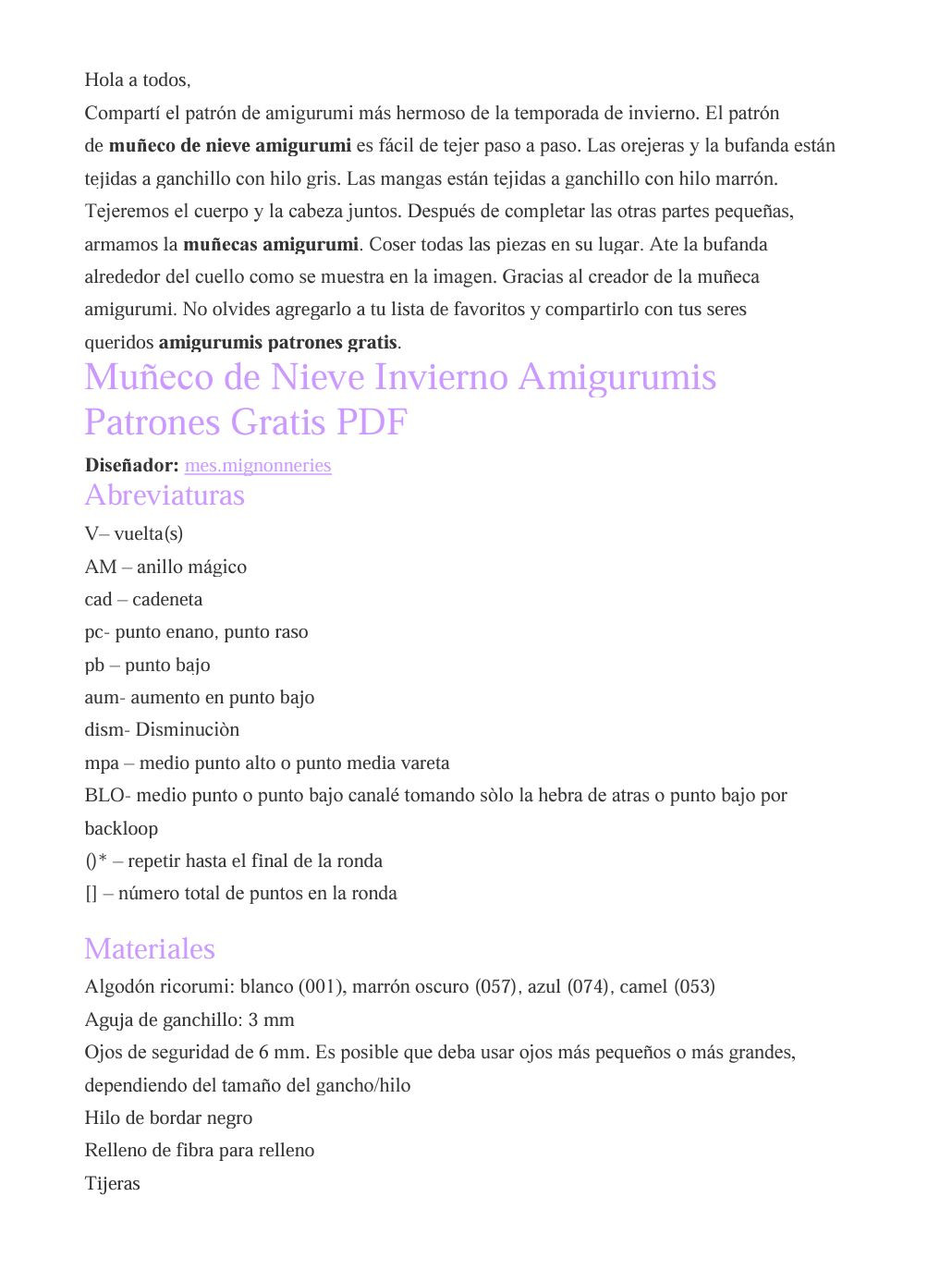 Patrón de Amigurumi Muñeco de Nieve Invierno PDF Gratis