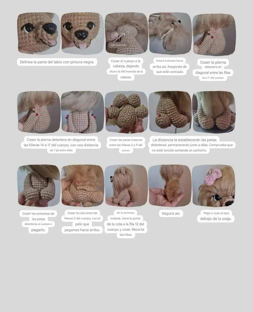 Patrón de Amigurumi Pomerania: Instrucciones detalladas para tejer perro esponjoso con moño rosa