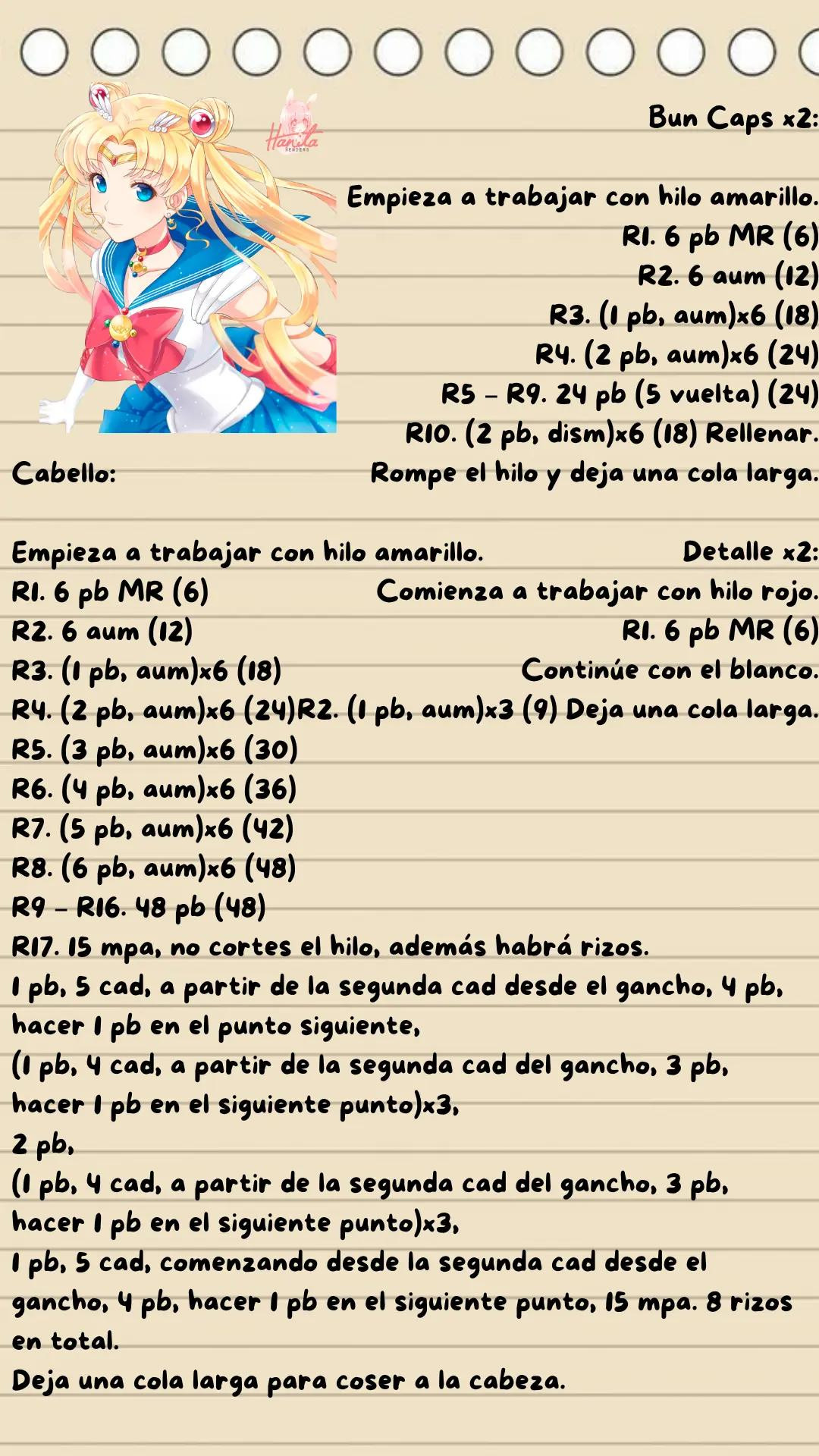 Patrón de Amigurumi Sailor Moon con cabello rubio y traje azul