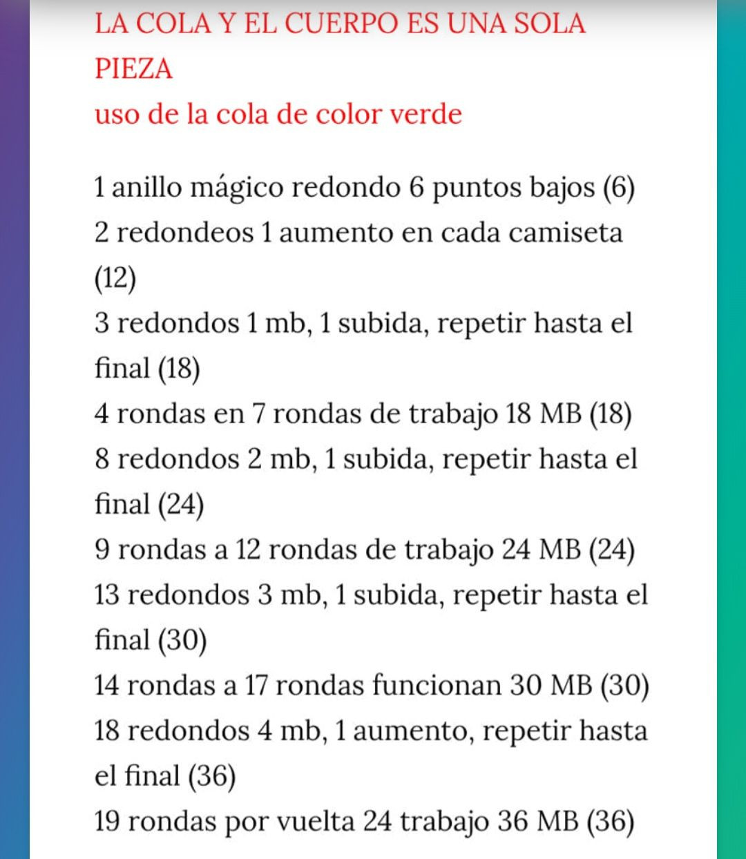 Patrón de amigurumi sirena con cola verde y cabello rojo