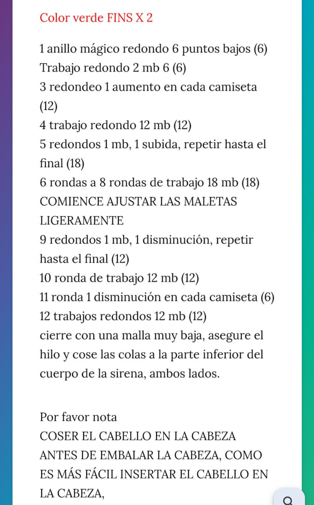 Patrón de amigurumi sirena con cola verde y cabello rojo