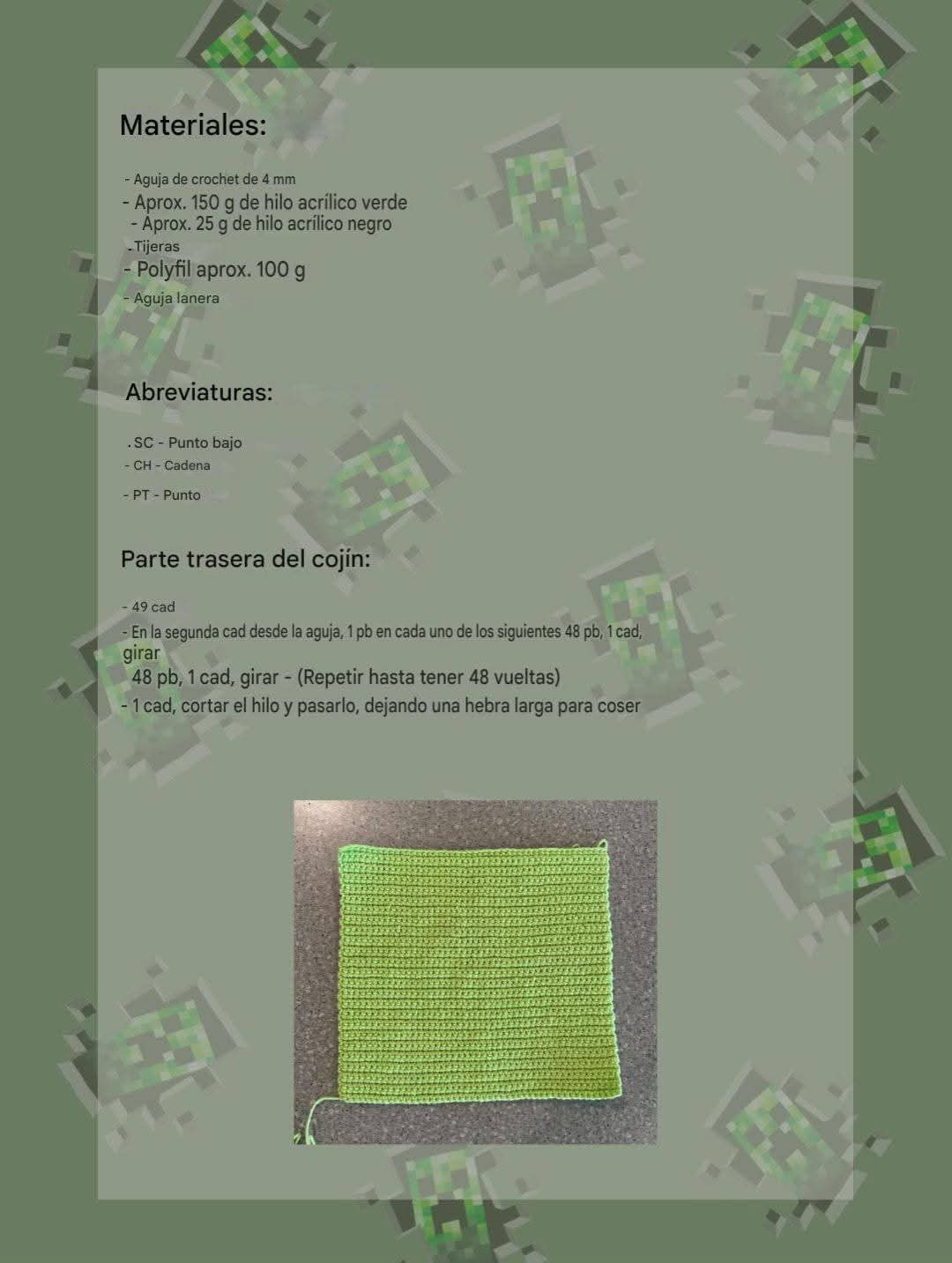 Patrón de cojín Creeper Minecraft gratis