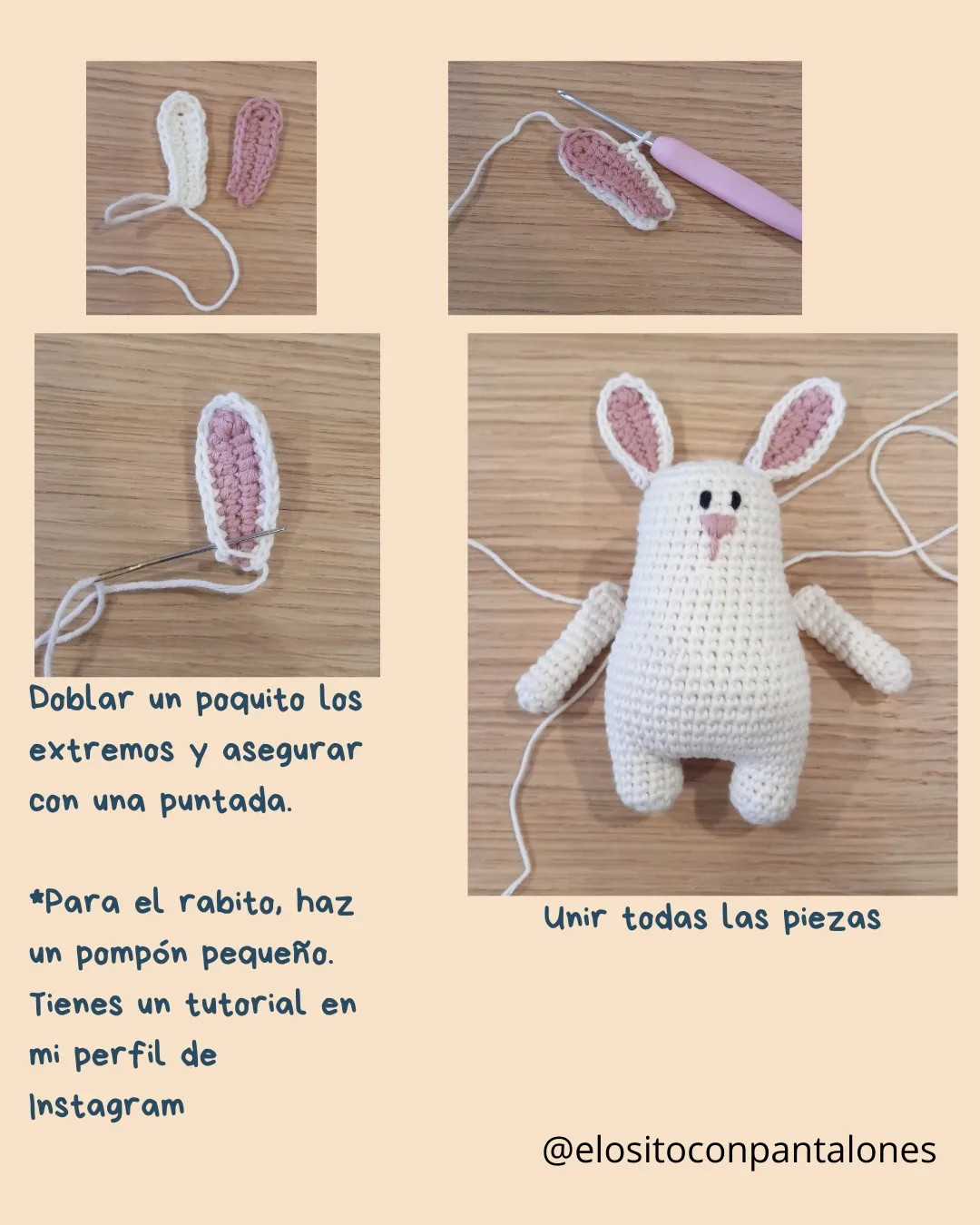 Patrón de Conejito Amigurumi Blanco y Rosa - Tutorial Paso a Paso