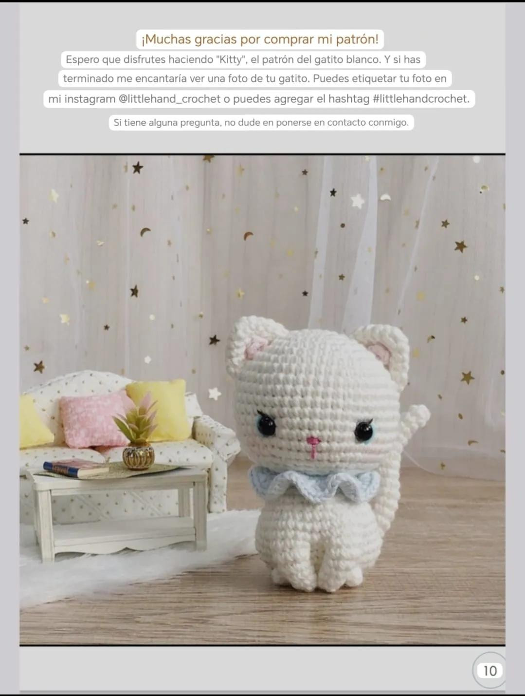 Patron de crochet Gatito blanco Kitty con collar azul