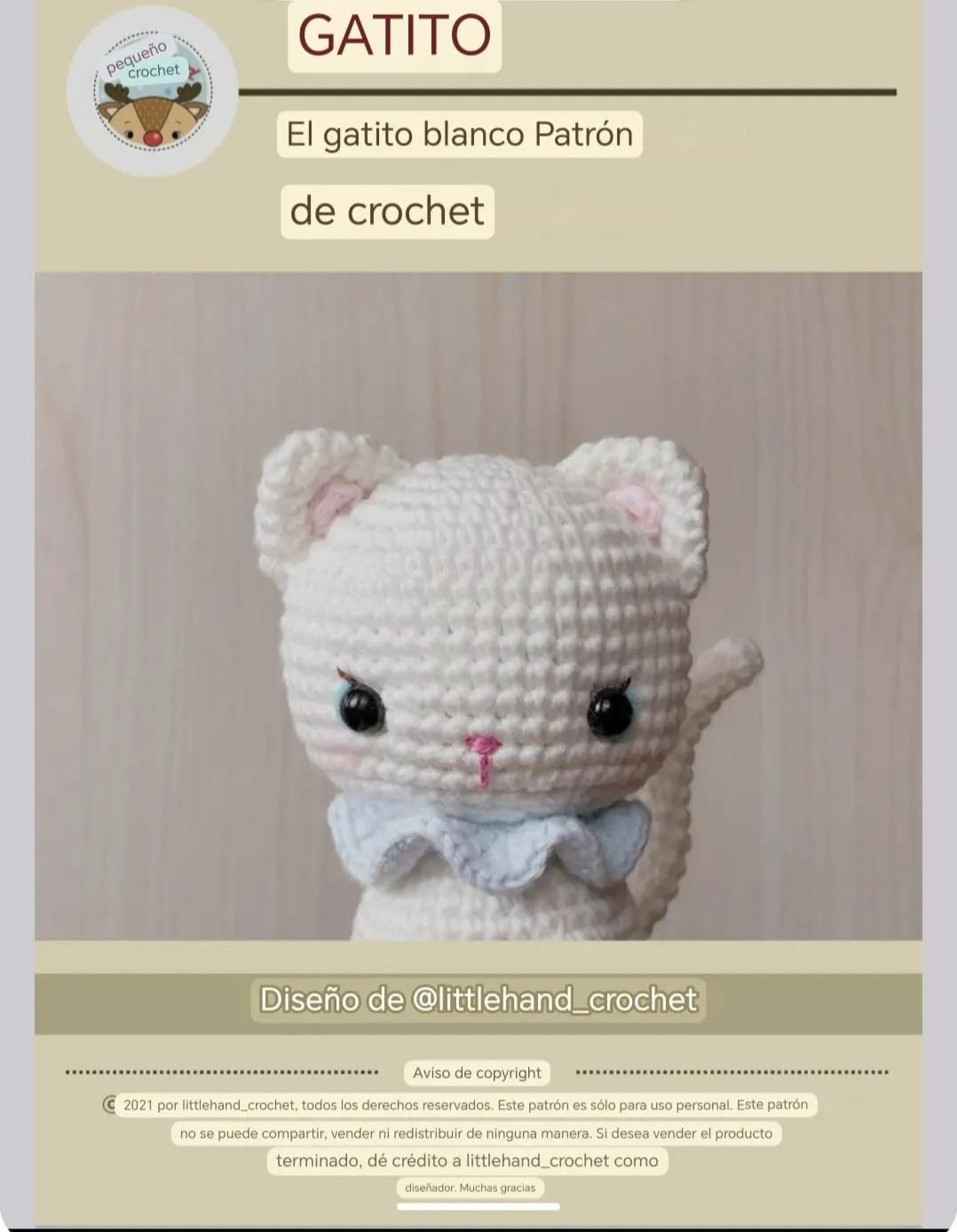 Patron de crochet Gatito blanco Kitty con collar azul