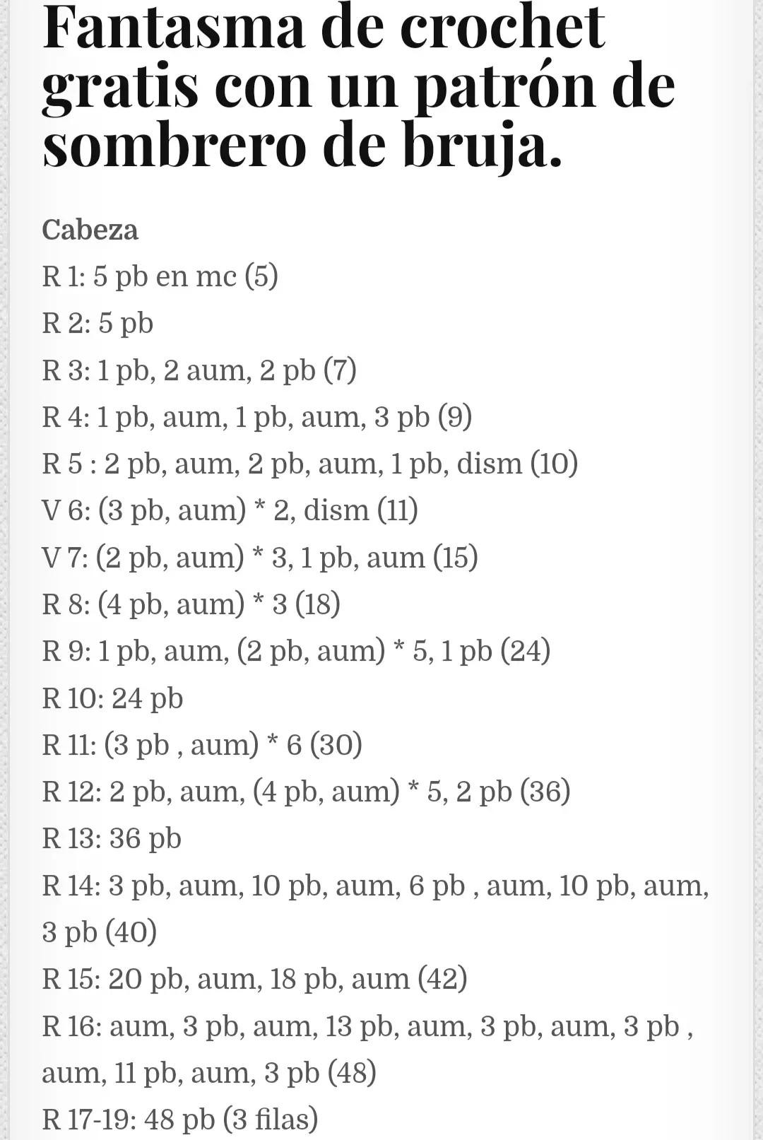 Patrón de crochet gratis para fantasma tierno con sombrero de bruja y calabazas, materiales y abreviaturas incluidas