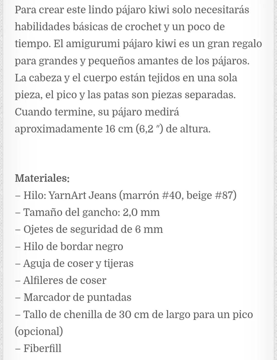 Patrón de Crochet para Amigurumi Pájaro Kiwi: Guía Paso a Paso con Materiales y Abreviaturas