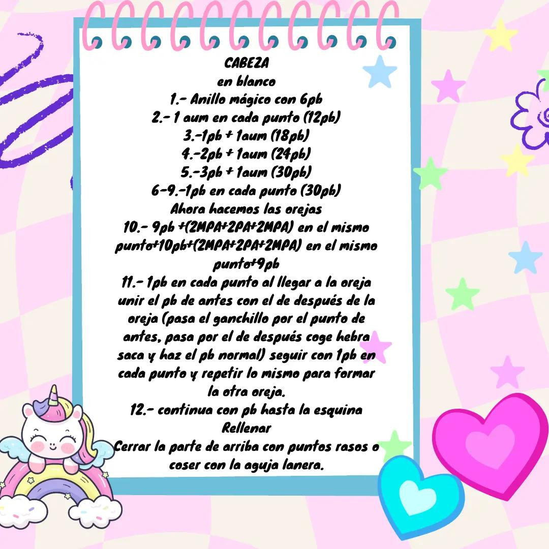 Patrón de crochet para amigurumi unicornio blanco con cuerno amarillo y flores