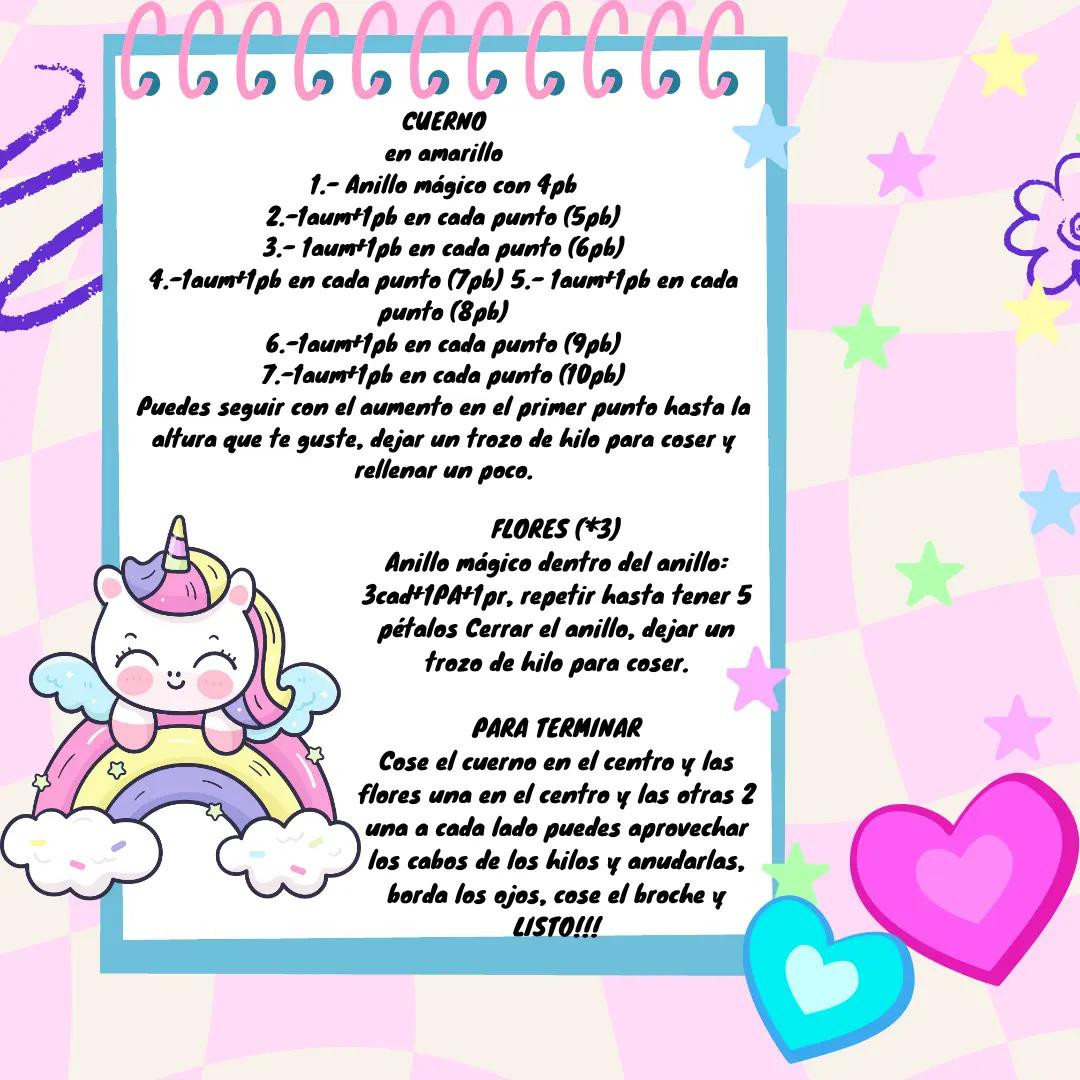 Patrón de crochet para amigurumi unicornio blanco con cuerno amarillo y flores