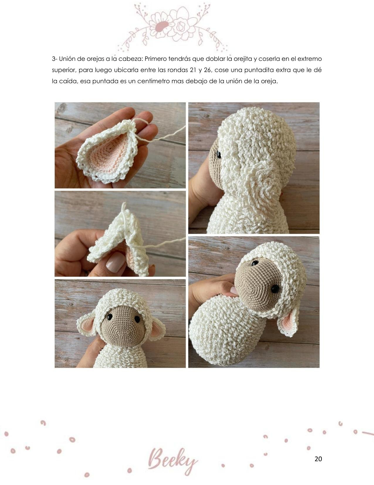 Patrón de crochet para Beeky la oveja amigurumi con instrucciones paso a paso