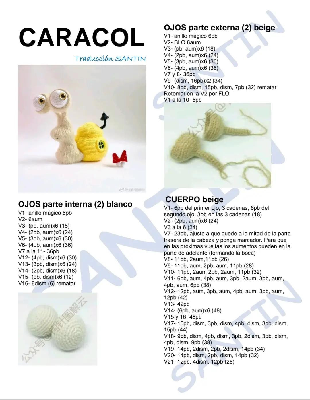 Patrón de crochet para caracol amigurumi con ojos grandes y caparazón amarillo o naranja