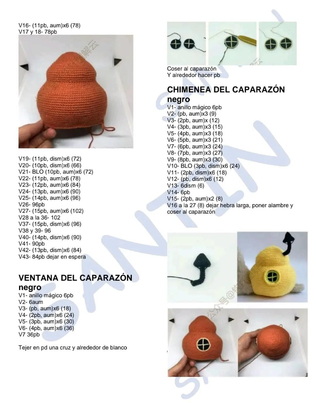 Patrón de crochet para caracol amigurumi con ojos grandes y caparazón amarillo o naranja