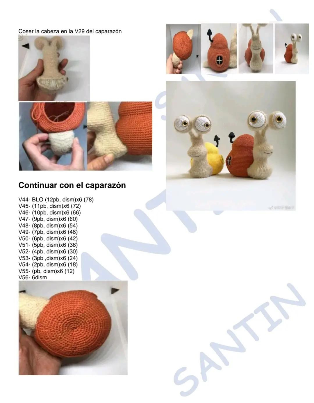Patrón de crochet para caracol amigurumi con ojos grandes y caparazón amarillo o naranja