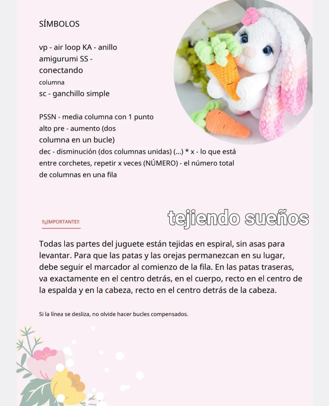 Patrón de crochet para conejito amigurumi blanco con orejas rosadas y detalles florales