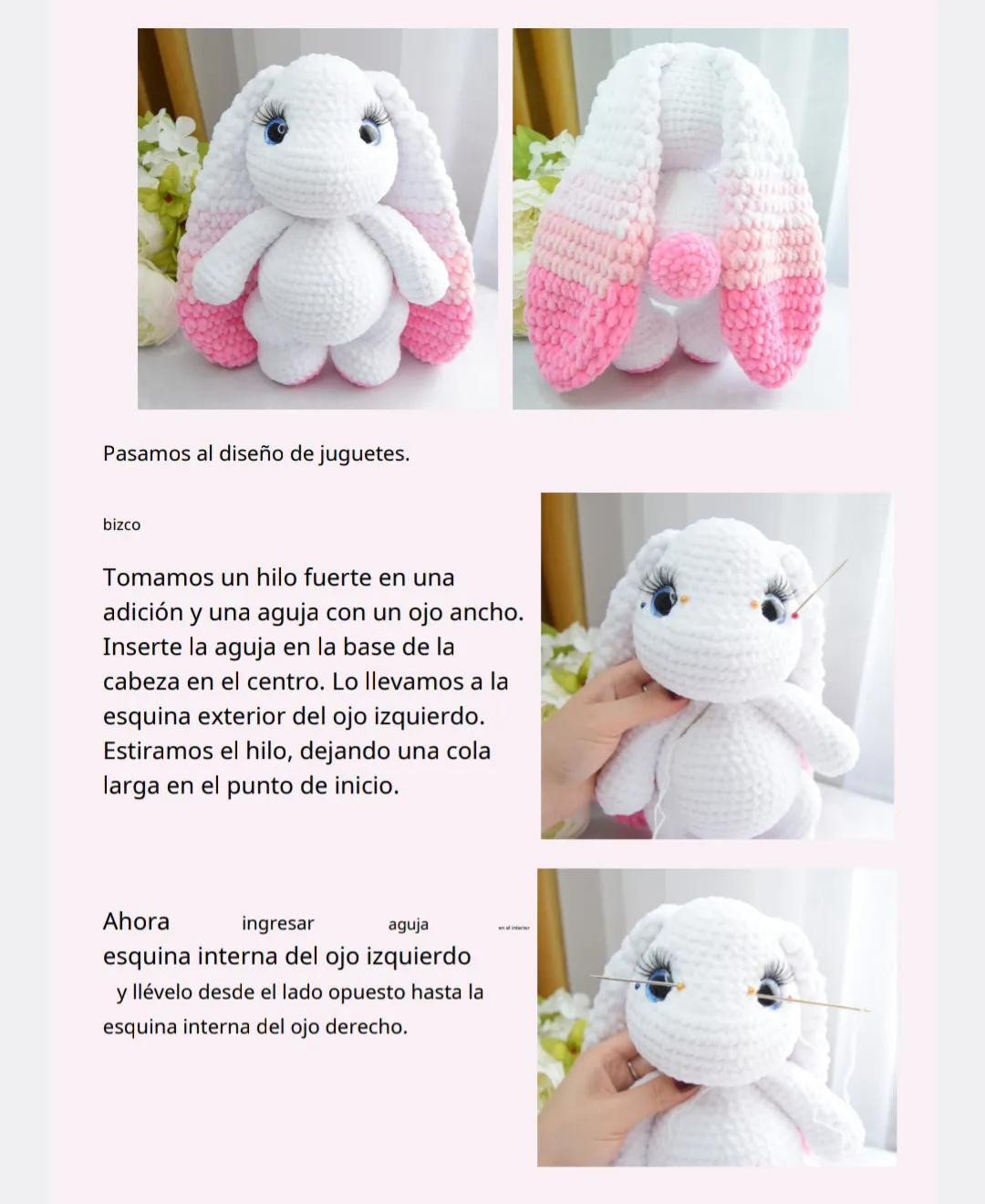 Patrón de crochet para conejito amigurumi blanco con orejas rosadas y detalles florales