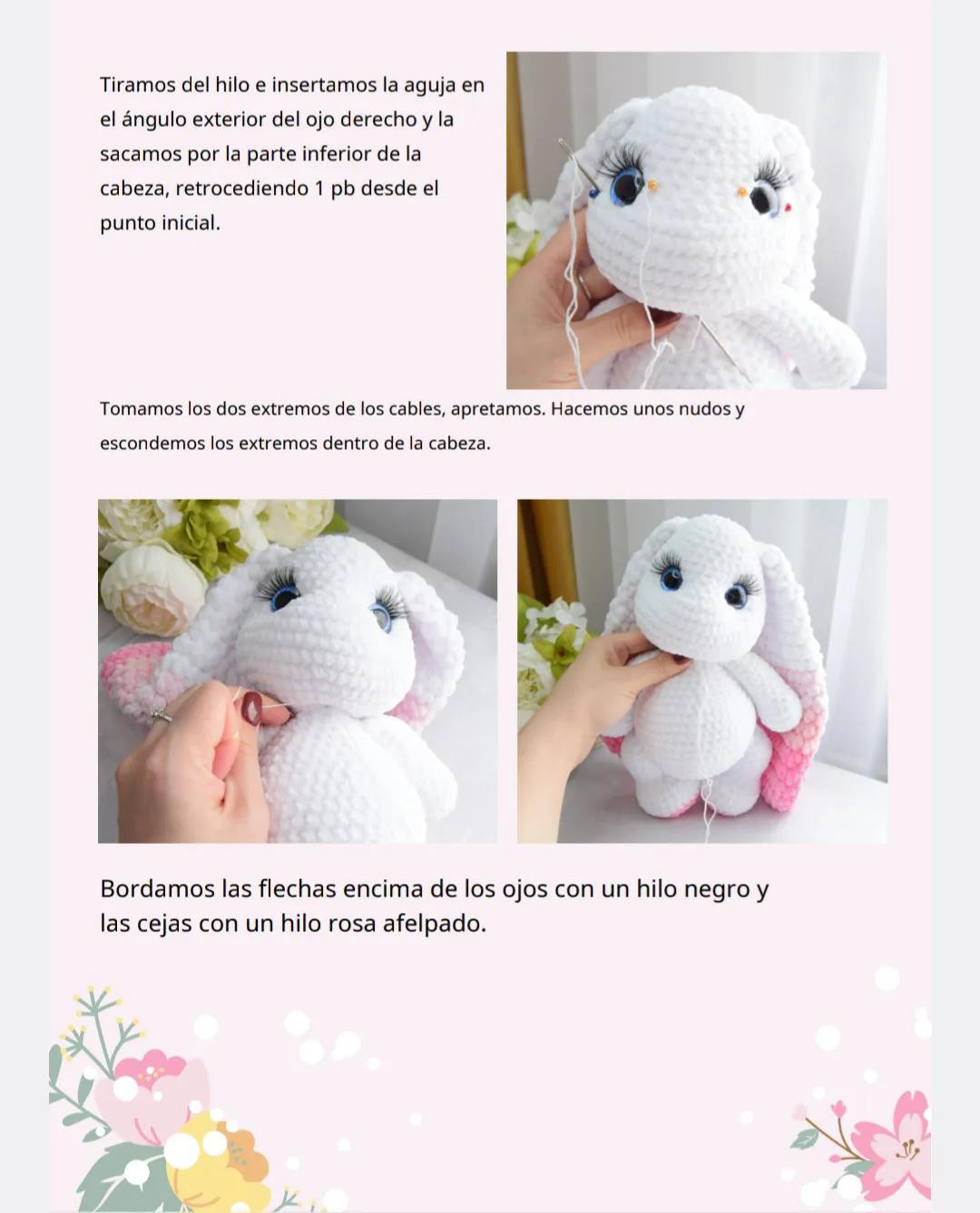 Patrón de crochet para conejito amigurumi blanco con orejas rosadas y detalles florales