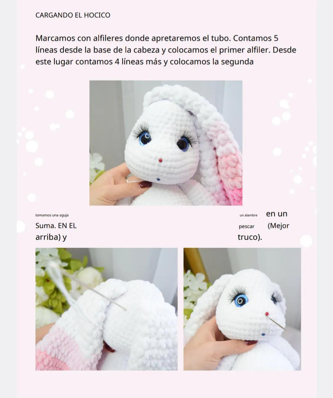 Patrón de crochet para conejito amigurumi blanco con orejas rosadas y detalles florales