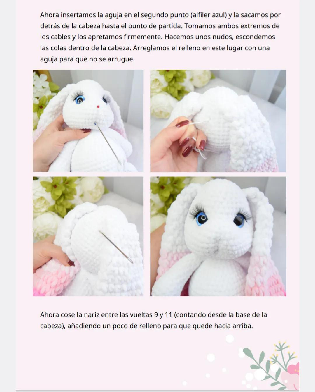 Patrón de crochet para conejito amigurumi blanco con orejas rosadas y detalles florales