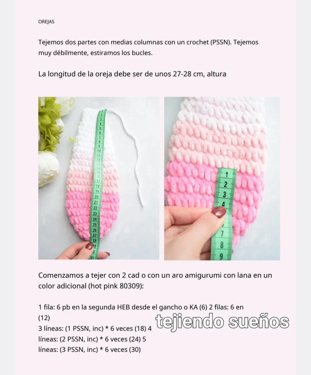 Patrón de crochet para conejito amigurumi blanco con orejas rosadas y detalles florales