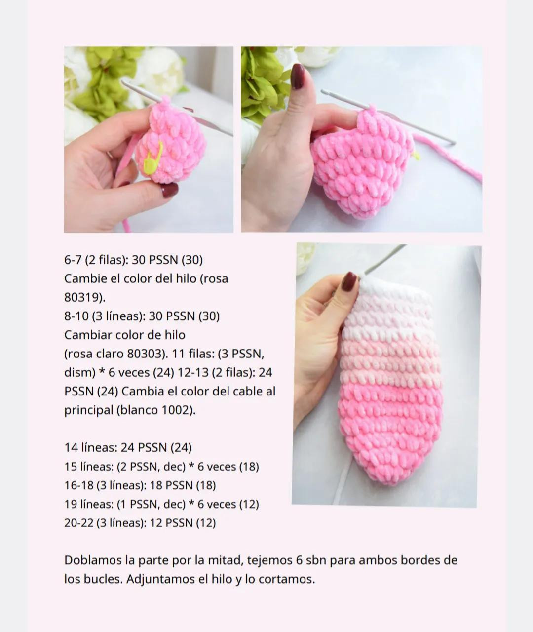 Patrón de crochet para conejito amigurumi blanco con orejas rosadas y detalles florales