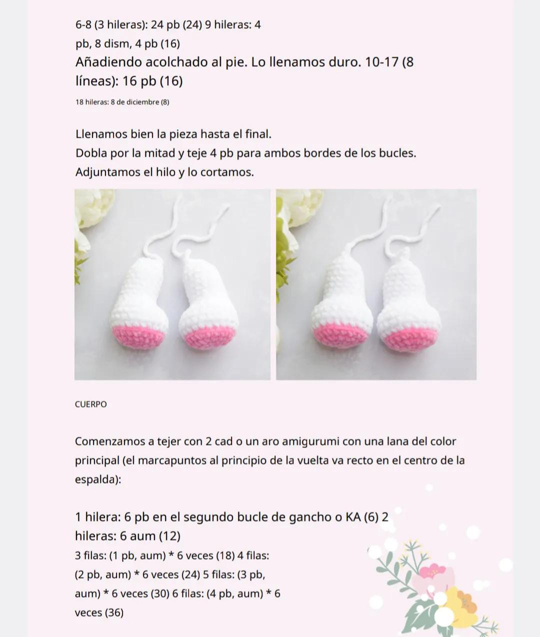 Patrón de crochet para conejito amigurumi blanco con orejas rosadas y detalles florales
