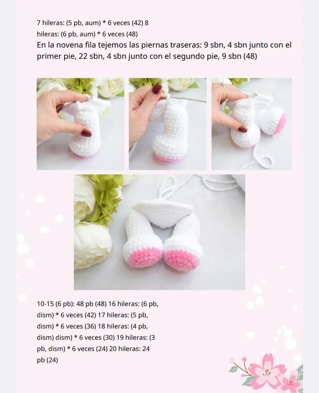 Patrón de crochet para conejito amigurumi blanco con orejas rosadas y detalles florales