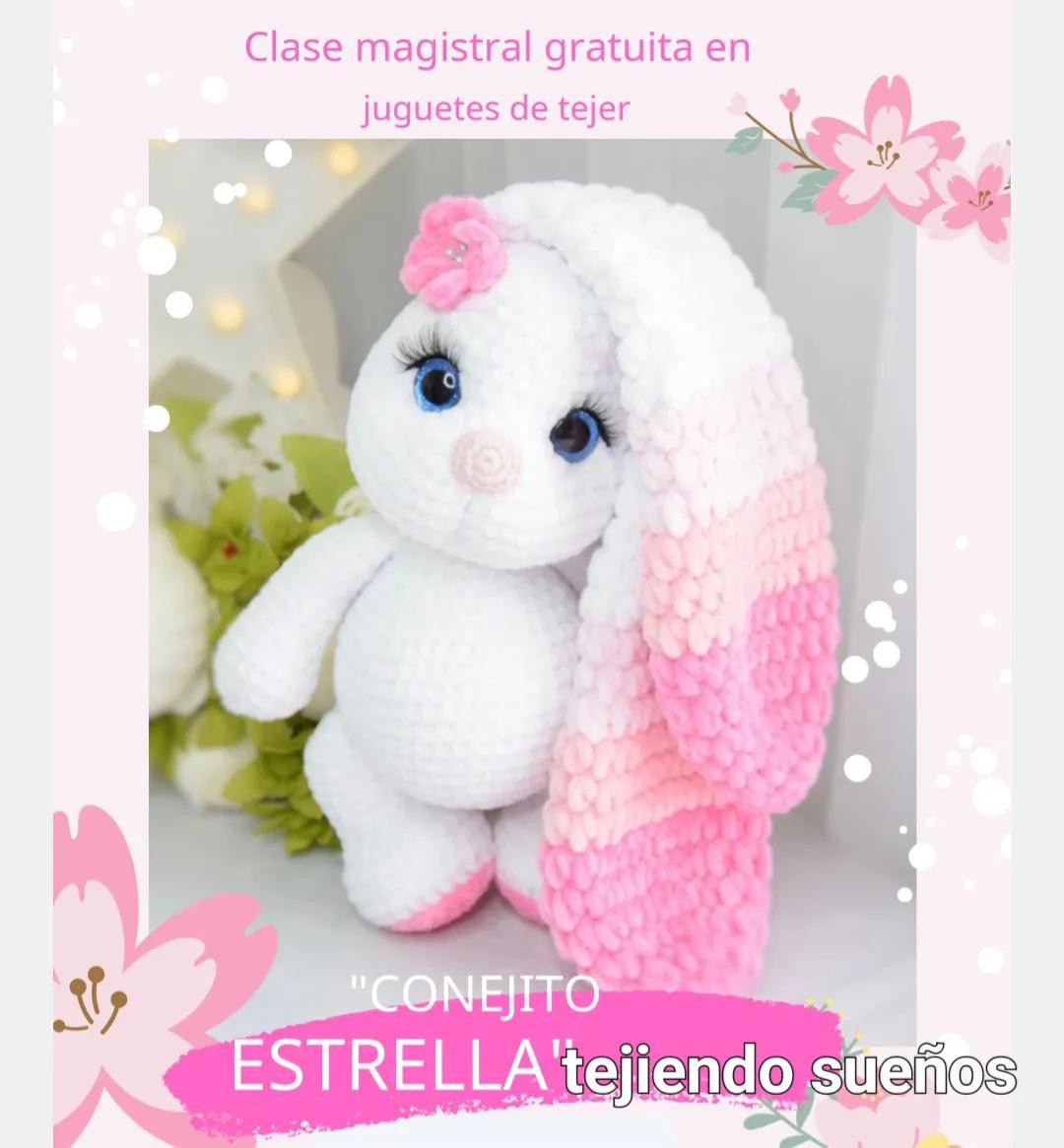 Patrón de crochet para conejito amigurumi blanco con orejas rosadas y detalles florales