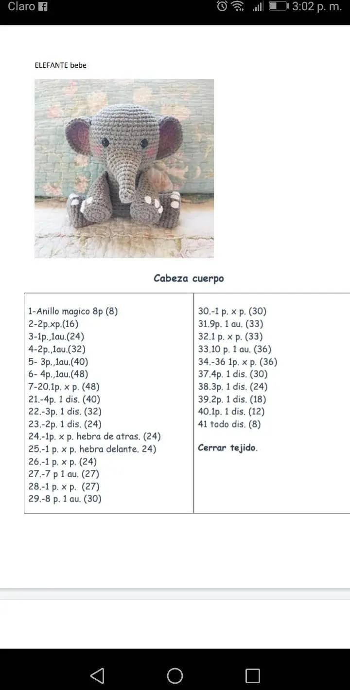 Patrón de crochet para elefante bebé amigurumi hecho con hilo de algodón