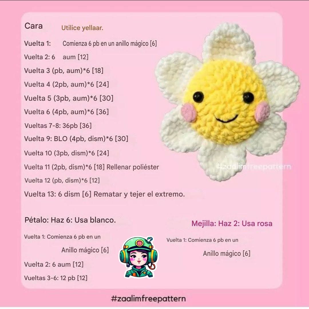 Patrón de crochet para flor amarilla con pétalos blancos y mejillas rosadas