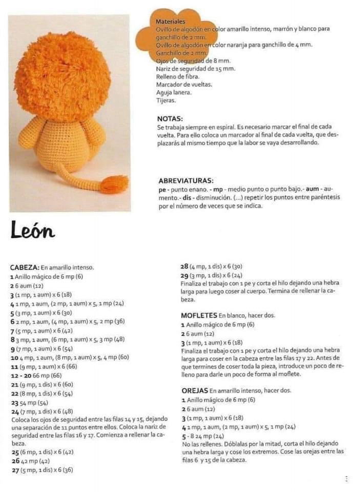 Patrón de crochet para león amigurumi con melena naranja y amarilla