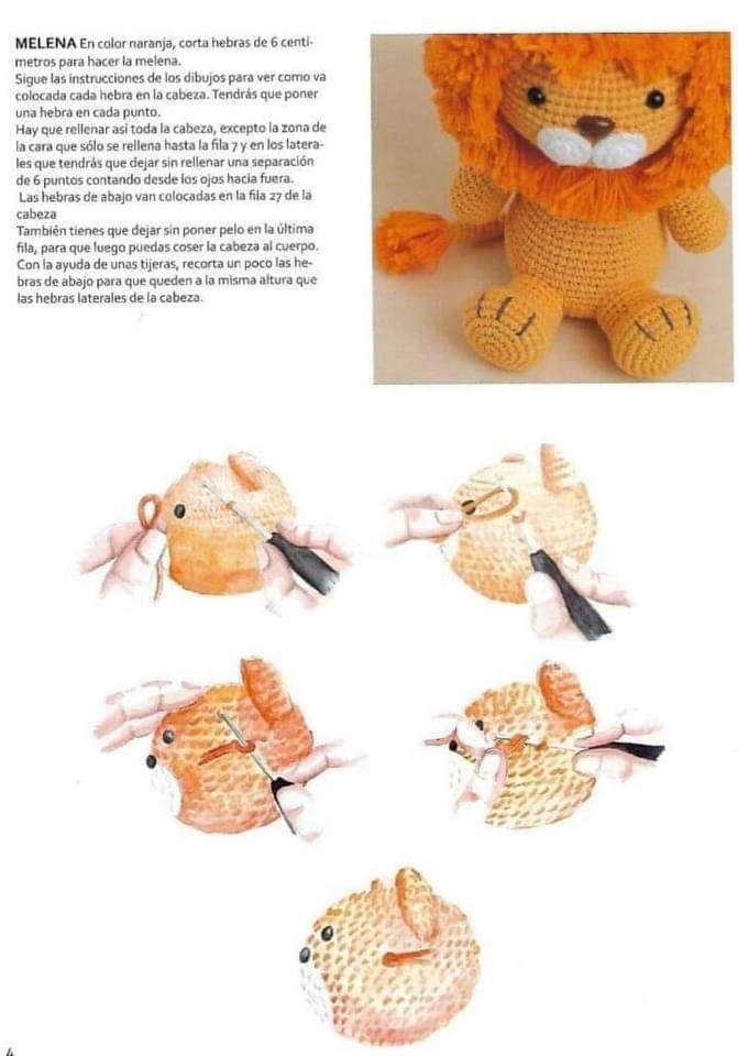 Patrón de crochet para león amigurumi con melena naranja y amarilla