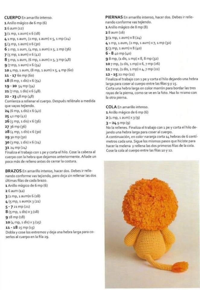 Patrón de crochet para león amigurumi con melena naranja y amarilla