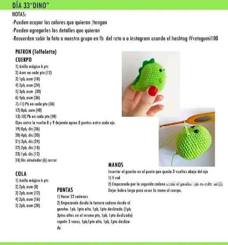 Patrón de crochet para mini dinosaurio verde amigurumi