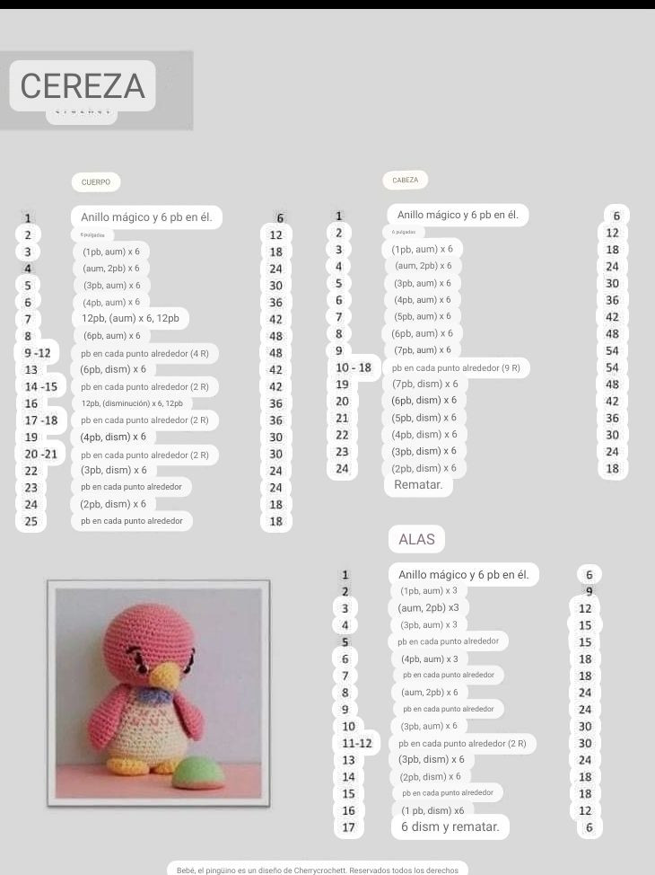 Patrón de crochet Pingüino Amigurumi Cereza