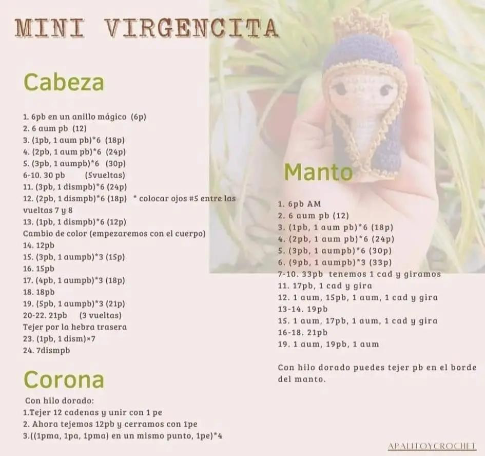 Patrón de ganchillo Mini Virgencita: Cabeza, Manto y Corona